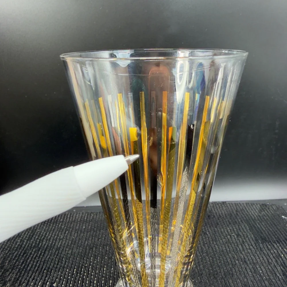 Vintage Mid Century Gold Silver Striped Footed Pilsner Cups Glasses Set of 2 VTG